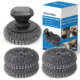 5-Pack Steel Wool Scrubber, Stainless Steel Scrubber Wire Sponge Pads with Handle, Pan Cleaning Scrubber for Scouring Stubborn Messes from Cast Iron, Frying Pan, Oven, Grill, Heavy Duty Pot Scrub