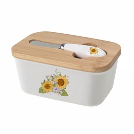 WAIT FLY Flower Ceramic Butter Dish with Bamboo Lid and Knife, 2 Sticks Butter Dish Butter Container Keeper for Kitchen Countertop, Home Decorative-Sunflower