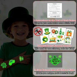 Partywind 204 Styles Glow St Patrick's Day Tattoos for Kids Gifts, Individually Wrapped Sheets Saint Patrick's Day Decorations for Party Supplies, Irish Shamrock Accessories Tattoo Stickers