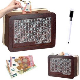 Wooden Money Box with Numbers Checks, Money Box with Savings Target, Retro Money Box Storage Box, Wooden Piggy Bank with Marker, Money Saving Box, for Christmas, Birthday Gifts