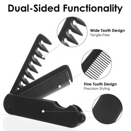 Foldable Comb, 2-In-1 Folding Comb - Wide & Fine Teeth Dual Design for Men Women, 5.3 Inch Folding Beard Combs for Hair & Beard Styling On-the-go (Black)
