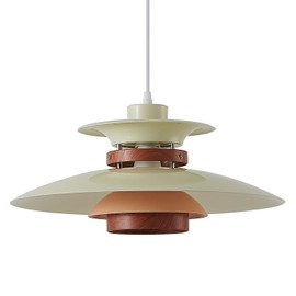 EFINEHOME Modern Decor Adjustable Pendant Lamp Kitchen Island, Aluminum and Wood Finish,1-Light E26 Base Ceiling Hanging Light for Dining Room Shop Restaurant (Beige+Dark Wood Grain, 35cm)