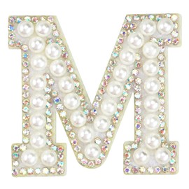 Iron On Patches for Clothing, Sparkly Rhinestones and Elegant Pearls A-Z Sew Decorative Letter Patch Glitter Alphabet Applique Rhinestone Pearl English DIY Craft Supplies-M