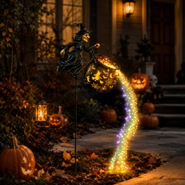 Halloween Witch Cauldron Garden Light for Outdoor Decor – Warm Glow Metal Lantern for Porch, Lawn, Walkway & Party Displays