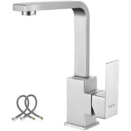 Modern Stainless Steel High Arc Single-Hole Kitchen Bar Faucet with Water Supply Hose Mini Prep Sink FaucetColor: Brushed nickel, Surface Finishing: Brushed