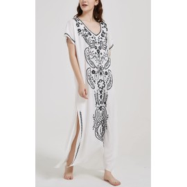 Orshoy Women's Beach Dress Boho Beach Poncho Long Bikini Cover Ups Summer Maxi Dress Loose Cotton Kaftan Long Dress for Holiday and Beach One Size, W1 Black Embroidery on White