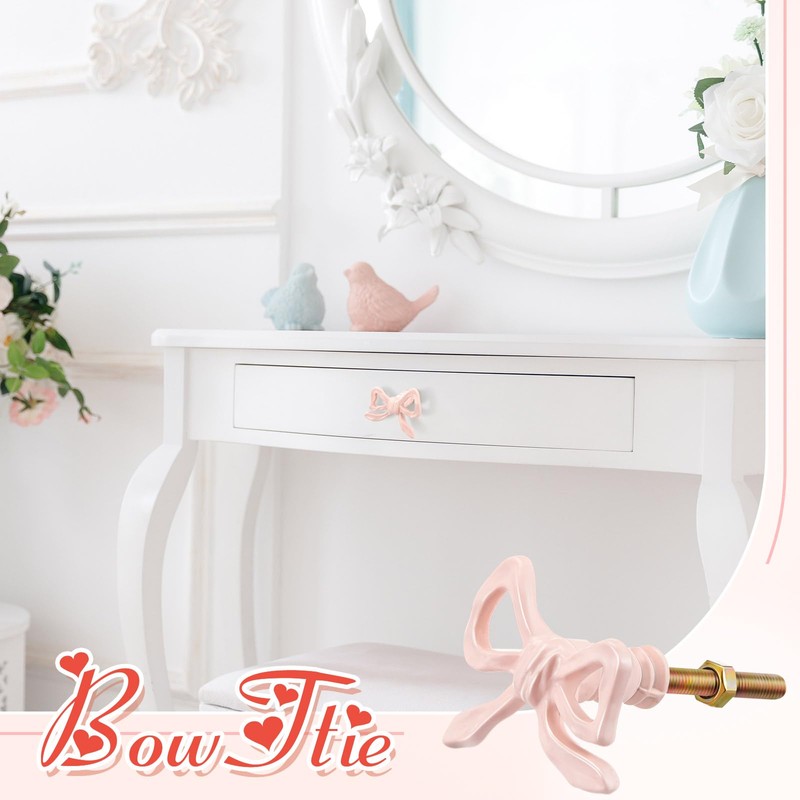MorningRo 6 Pcs Pink Bow Knobs for Dresser,Pink Bow Drawer