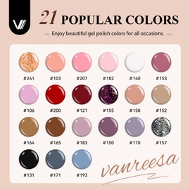 VANREESA 24 Pcs Gel Nail Polish Set-21 Colors Gel Nail Polish with Base Coat Glossy Matte Top Coat Gel Polish Set Blue Nude Red Brown Pink Glitter Gel Polish Kit Gifts for Women Girls