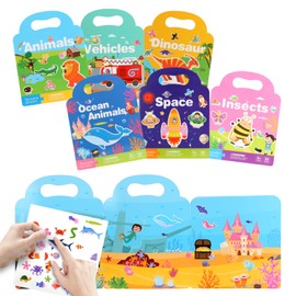 6PCS Reusable Sticker Books for Toddlers, 3D Sticker Scene Book, Jelly Sticker Book, 3D Puffy Sticker Book for Kids, Sticker Book Set for 2+ Year Olds Include Themes Ocean Space Animals Transport