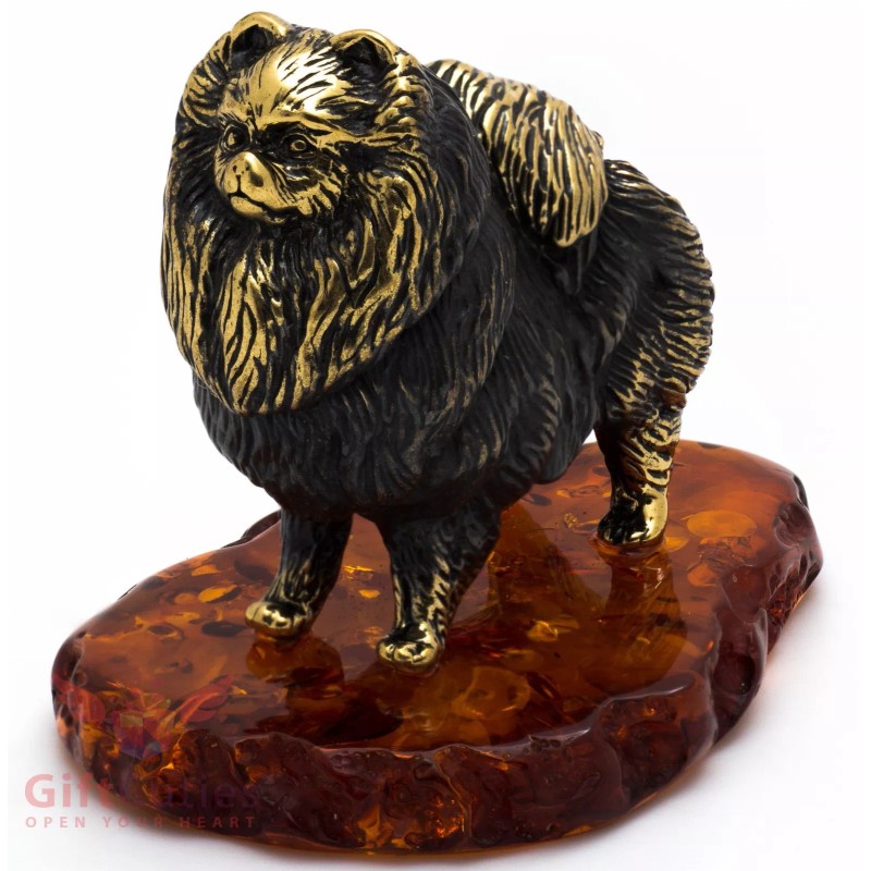 Solid Brass Amber Figurine of Pomeranian Spitz dog IronWork