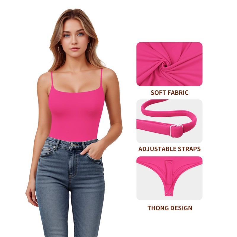 MANGOPOP Women's Cami Thong Bodysuit Double Lined Square Neck Adjustable
