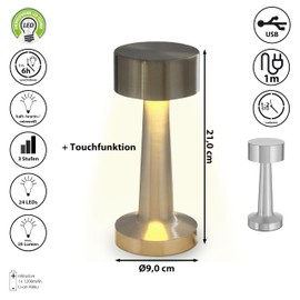 Cepewa Tischleuchte Touchfunktion | Eisen silber 3 Wei?t?ne kalt/warm/reinweiss 9x21cm | aufladbar USB Kabel dimmbar (1 x Tischleuchte Lucinella silber)