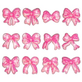FYSUIMU 12Pcs Pink Bow Iron On Patch Sequin Bowknot Applique Repair Patch Coquette Shiny Embroidered Sew On Patch for DIY Craft Clothing Fabric