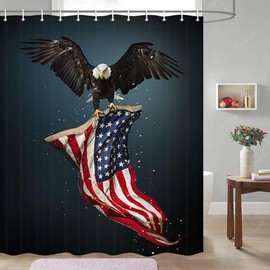 American Flag Shower Curtain, 4th of July Shower Curtain Patriotic Shower Curtain American USA Flag with Flying Bald Eagle Bathroom Curtain Vintage Flag Shower Curtain with Hooks, 70X78 inches
