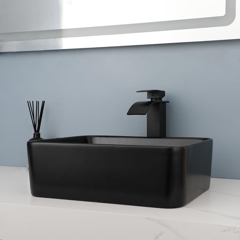 KECTIAKL Bathroom Vessel Sink 16 Inch Black Ceramic Sink Bowl,Above