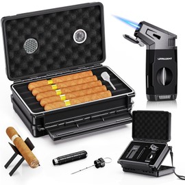 Travel Cigar Humidor Case Set, Double-sided Design, with Cigar Lighter Built-in V Cutter, 2-in-1 Cigar Draw Enhancer/Punch Tool, Cigar Holder, Humidifier&Hygrometer, Cigar Accessories Gift Kit for Men