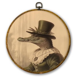 Mcehtle Vintage Miss Alligator Wall Art Decor, Retro Gator Crocodile Framed Canvas Prints 10x10, Rustic Cottagecore Animal Round Wall Hanging Artwork Decorations for Farmhouse Home Bedroom Gallery