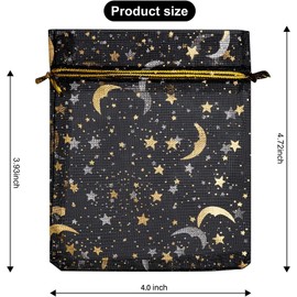 GoClimber 100 PCS 4.0x4.7 Inches Moon Star Printed Orchid Organza Bags, Black Moon and Stars Bag for Make up,Candy, Gifts, Party, Jewelry, Festival, Net Favor Drawstring goody Bags
