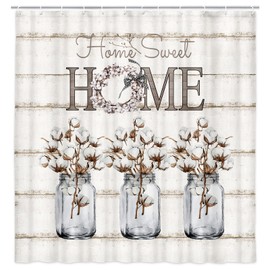 bzwcbei Farmhouse Floral Shower Curtain, Cotton Flower on Rustic Wood Plank Gray White Fabric Shower Curtains, Country Barnwood Modern Bath Accessories Fabric Decor with Shower Hooks (69x75)