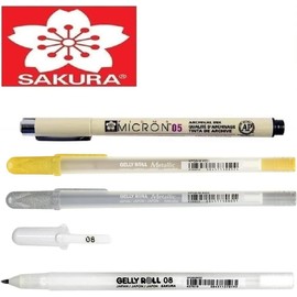 Sakura Gelly Roll Metallic Metallic 3 Pieces (White Gold) and Sakura Pigma Micron Black 05. Made in Japan