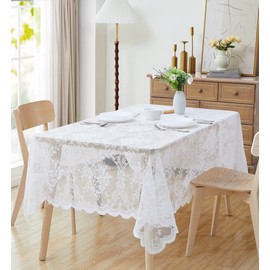 LinenZone Beautiful Oblong Lace TableCloth with Elegant Scalloped Bottom for Any Special Event such as Wedding, Birthday Party, Baby Shower, Anniversary. Sits 6 to 8 People. (Luna TC 60 x 84, White)