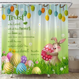AYDSMYD Easter Rabbit Shower Curtain Spring Bunny Farmhouse Inspirational Quotes Trust in The Lord Rustic Festival Home Fabric Bathroom Decor Set Include Hooks,70" WX70 H