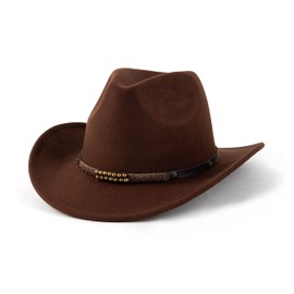 EOGIMI Western Cowboy Hats for Women Men Felt Wide Brim Panama Hat with Belt Buckle Bead Band-Coffee