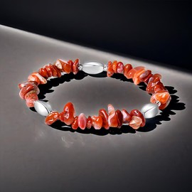 MetJakt Natural Stone Beads Bracelet - Handmade Stretch Bangle with Mixed Crystal Gravel and Elegant Metal Accents for Women and Men (Carnelian with silver)