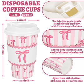 FYSUIMU 50 Sets Pink Bow Coffee Cups with Lids and Sleeves 16oz Striped Bowknot Paper Cups Disposable To Go Coffee Cups for Wedding Baby Shower Bachelorette Party