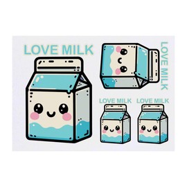 4 x 'Kawaii Milk Carton' Temporary Tattoos - Water Resistant, Skin-Safe, Non-Toxic Transfers, Mixed Sizes (TO00070682)
