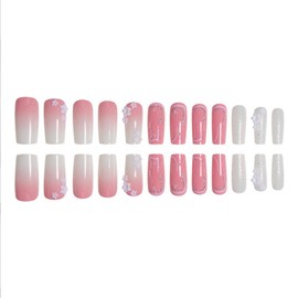 Foccna Press on Nails Medium Long Pearl Gradient Pink Fake Nails Square Bling Glossy 3D Flower False Nail Tips Artificial Nails Finger Manicure for Women and Girls,24pcs