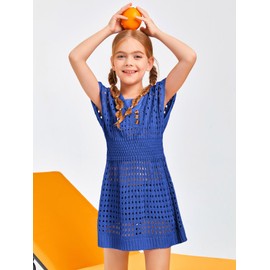 Haloumoning Girls Crochet Swim Beach Cover Up Kids Fashion Button Short Sleeve Swimsuits Cover Ups 5-14 Years