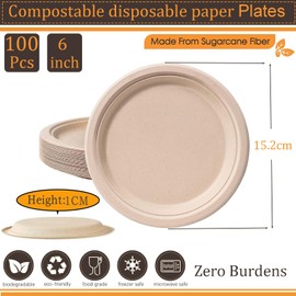 100Pack Disposable Paper Plate Heavy Duty Paper Plates 6 inch,Extra Strength Brown Disposable Paper Plate for hot food Super Rigid Strong Plates Bagasse Plates 15.2cm for Christmas,Birthday,Picnic,BBQ