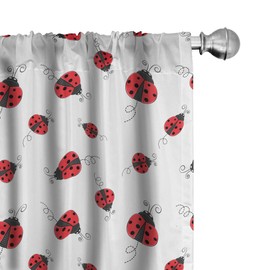 Ambesonne Ladybugs Window Curtains Pack of 2, Ladybug Dotted Wings Swirls and Curves Pattern Animal, Lightweight Set with Rod Pocket, 4 Panels of - 28" x 63", White Black