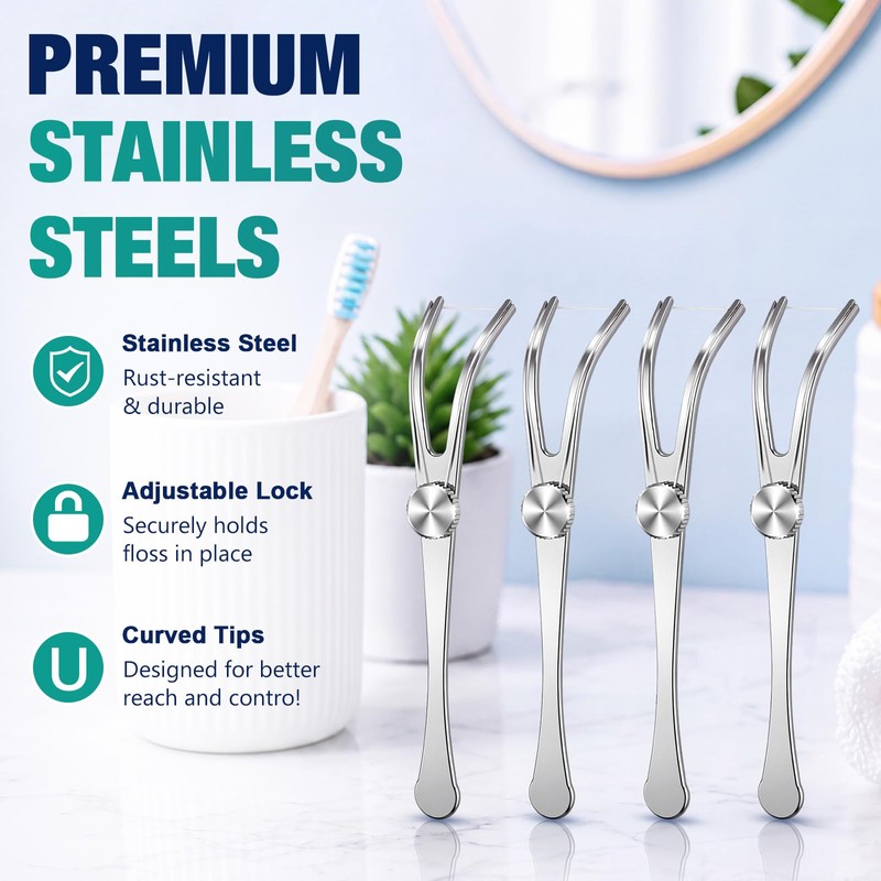 4 Pcs Stainless Steel Dental Floss Holder Reusable Flosser, Silver