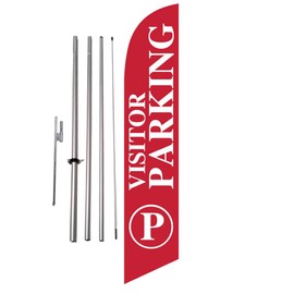 Visitor Parking Sign (Red) Swooper Outdoor Feather Banner Flag with 15' FT Pole Kit and Ground Spike - Perfect for Events, Churches Vistors, and Parking Areas