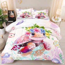 Turtle Bedding Comforter Set Twin Size for Boys Girls,3 Pieces Ocean Printed Quilt Set with 2 Pillowcases,Floral Bedroom Comforter,Soft Lightweight Down Alternative Duvet Set for All Seasons