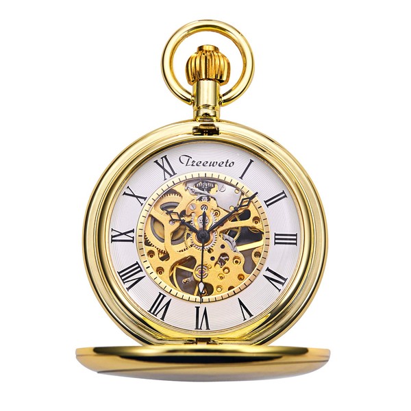 TREEWETO Unisex Pocket Watch with Chain Analogue Hand Winding Skeleton