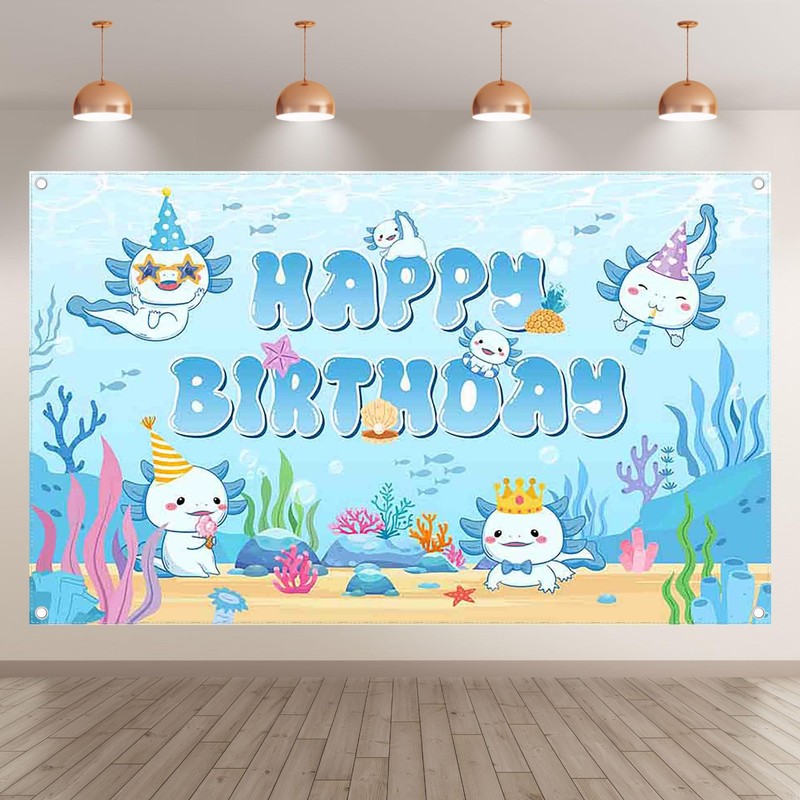 YCUCUEI 72x43inch Fabric Blue Cute Axolotl Birthday Under The Sea
