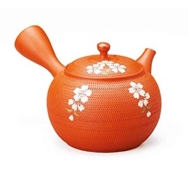 Japanese Kyusu Round Teapot, Traditional Tokoname Ceramic, 320cc, Orange and Shidarezakura Tamahikari Cherry Blossoms, with Built-in Filter, Made in Japan