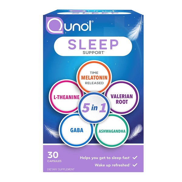 Qunol Sleep Support, 5-in-1 Sleep Aid, with time-released Melatonin, Ashwagandha, GABA, Valerian Root, L-Theanine, capsules, 30 ct