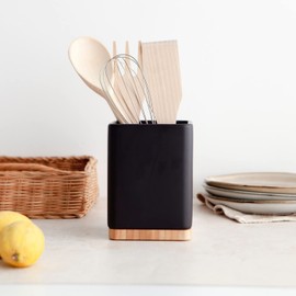 KOOK TIME Kitchen Utensil Holder - Utensil Holder Kitchen Made of Ceramic and Bamboo - Square Kitchen Aid Storage - Black - 10.5 x 10.5 x 15 cm