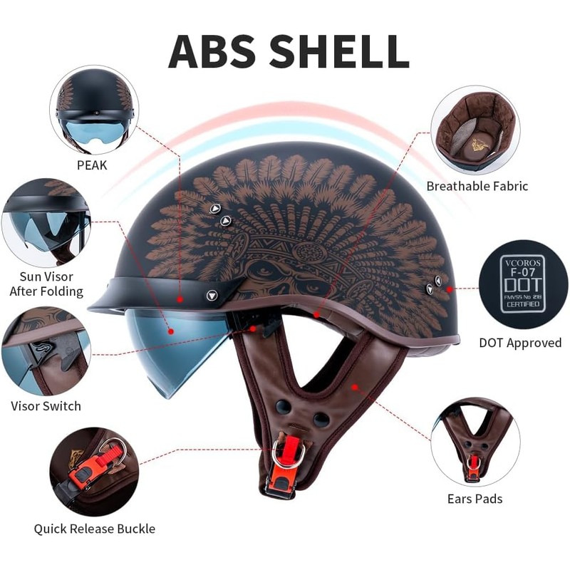 VCOROS Half Helmet Motorcycle DOT Approved Open Face Helmet with