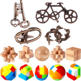 Syhood 14 Pcs Brain Teaser for Adults Metal Puzzles 3D Steel Puzzle for Adults Mind Puzzle Games Wooden Unlock Interlocking Puzzle Adult IQ Education Puzzle Toys Smart Toy (Classic)