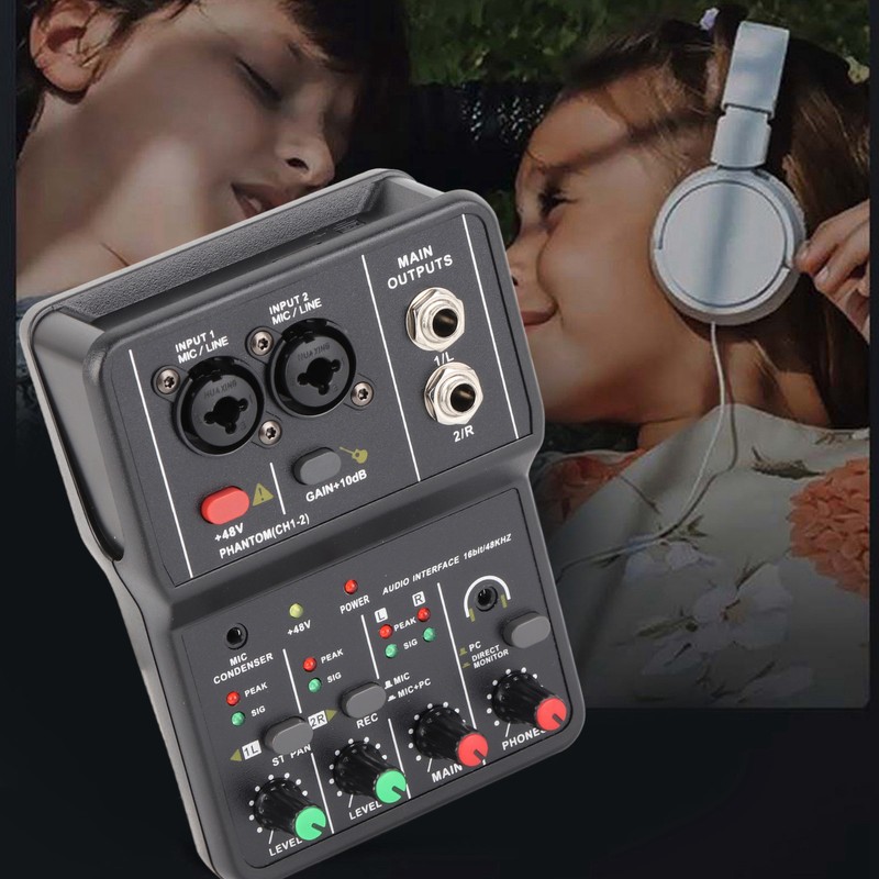 2 Channels Audio Mixer USB 48V Phantom Power Compact Sound