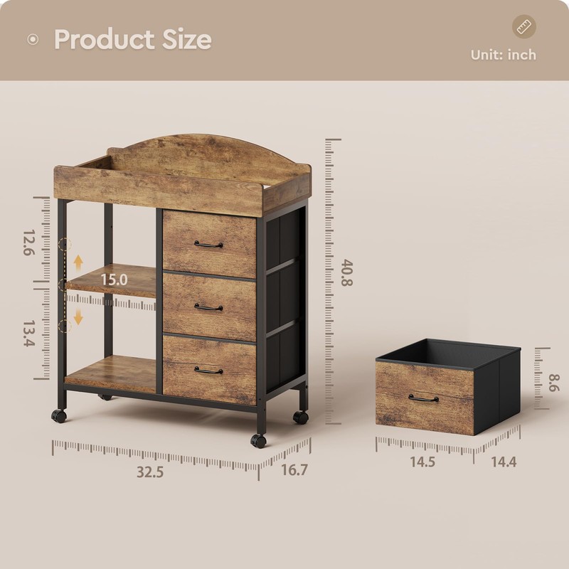 YeTom Changing Table Dresser, Baby Dresser with 3 Fabric Drawers