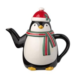 Christmas Whimsy Penguin Teapot – 3D 26oz Ceramic Holiday Teapot with Lid, Sculpted Penguin in Santa Hat & Scarf, Winter Tabletop Décor & Serveware for Tea, Cocoa & Festive Entertaining