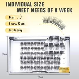 Natural Lash Clusters - 72pcs Wispy Eyelash Clusters, D Curl 16mm Resuable DIY Lash Extensions,LANKIZ Individual Lashes for Beginners(GLAMOUR)