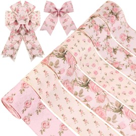 6Rolls Vintage Rose Wired Edge Ribbon Pink Floral Printed Fabric Ribbon for Gift Wrapping Bow Wreath Making for Wedding Birthday Bridal Shower Sewing Craft Supplies