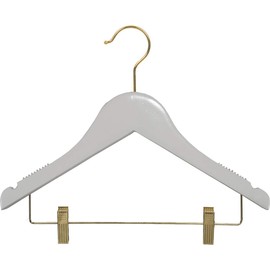Kids White Finish Wood Combo Hanger with Clips and Notches in 12" Length X 7/16" Thick with Rubber Strips and Brass Hardware, Box of 25